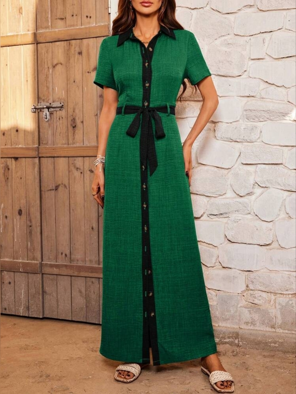 Shein Green Short-Sleeve Button-Front Maxi Dress with Black Trim & Belt Sz Large
